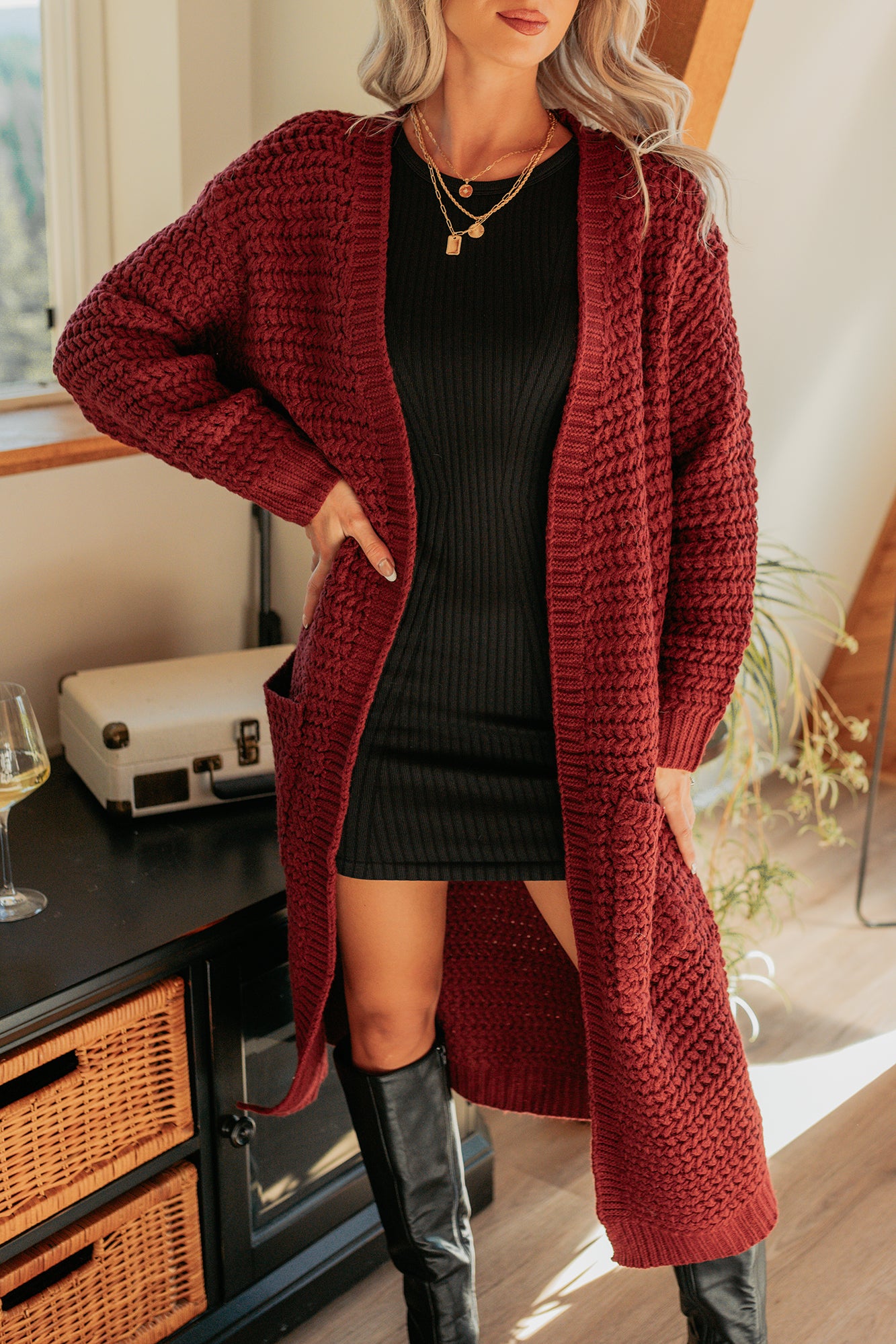 Still Dreaming Cable Knit Long Cardigan (Bordeaux) - NanaMacs
