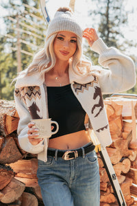 Cloud Haven Horse Print Knit Zip-Up Jacket (Oatmeal) - NanaMacs