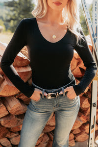 Unsaid Things Long Sleeve V Neck Top (Black) - NanaMacs