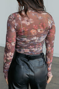 Look Don’t Touch Floral Mesh Fore Bodysuit (Burgundy/Multi) - NanaMacs