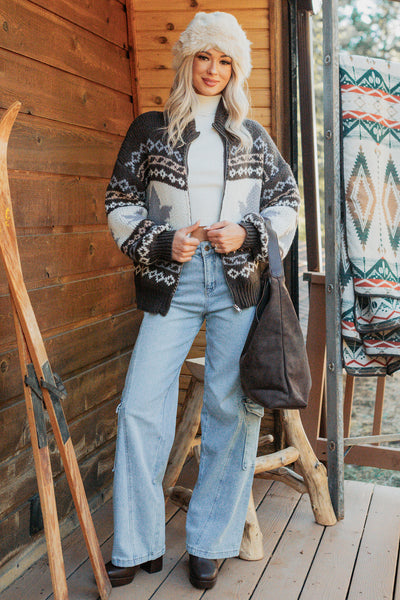 Just Resting Patterned Sweater Jacket (Brown/Multi) - NanaMacs