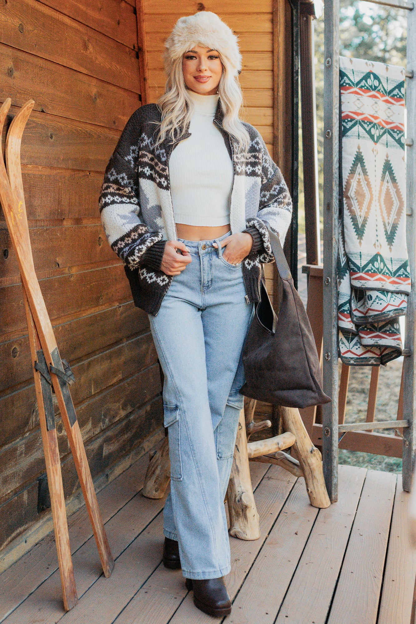 Just Resting Patterned Sweater Jacket (Brown/Multi) - NanaMacs