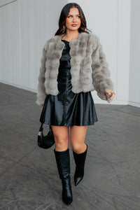 Cloudy Mornings Faux Fur Open Front Jacket (Taupe) - NanaMacs