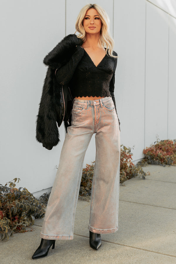 Jarvis Wide Leg Metallic Saige Denim Jeans (Light Pink) - NanaMacs
