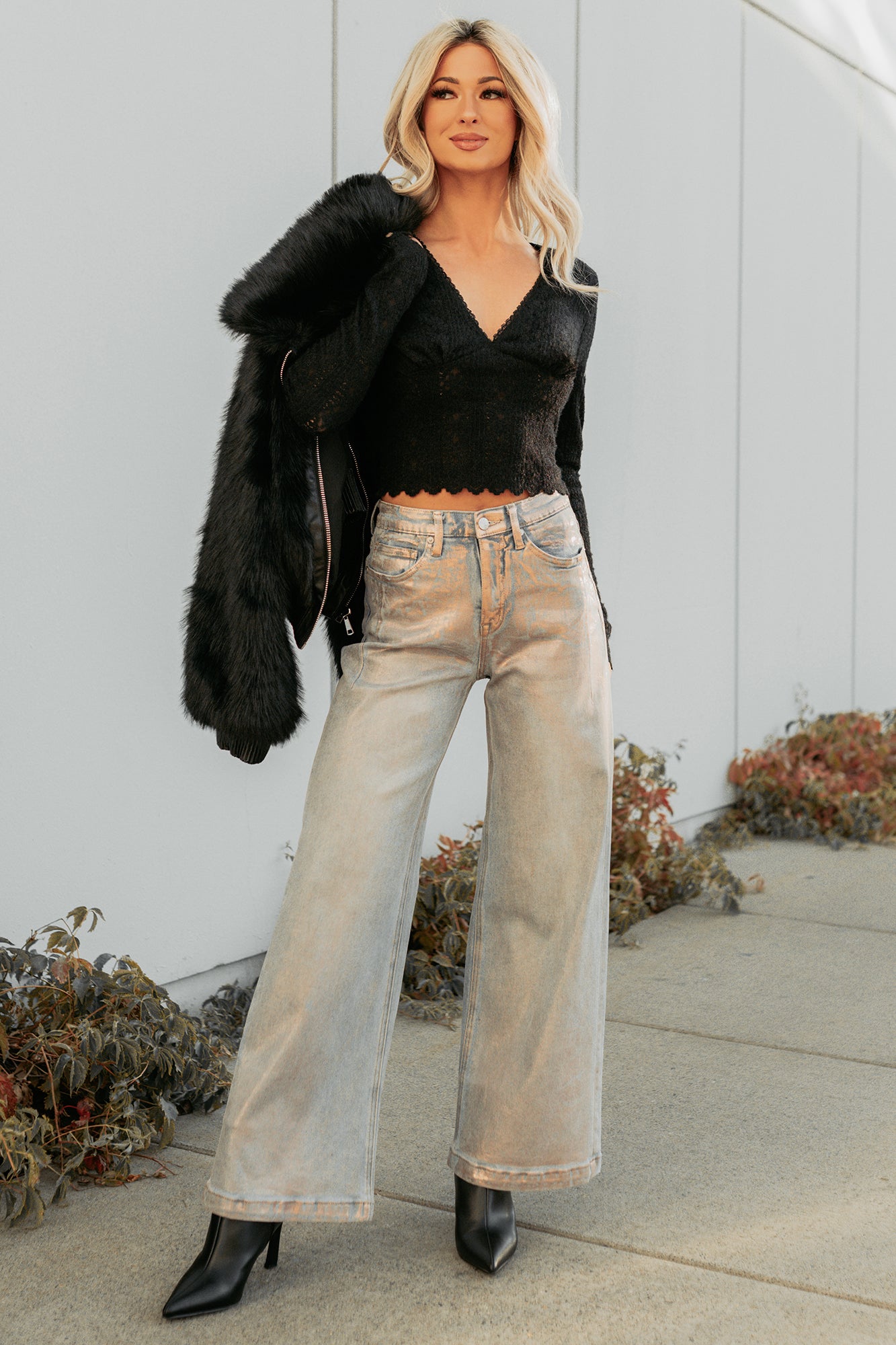 Born Untamed Long Sleeve V Neck Lace Top (Black) - NanaMacs