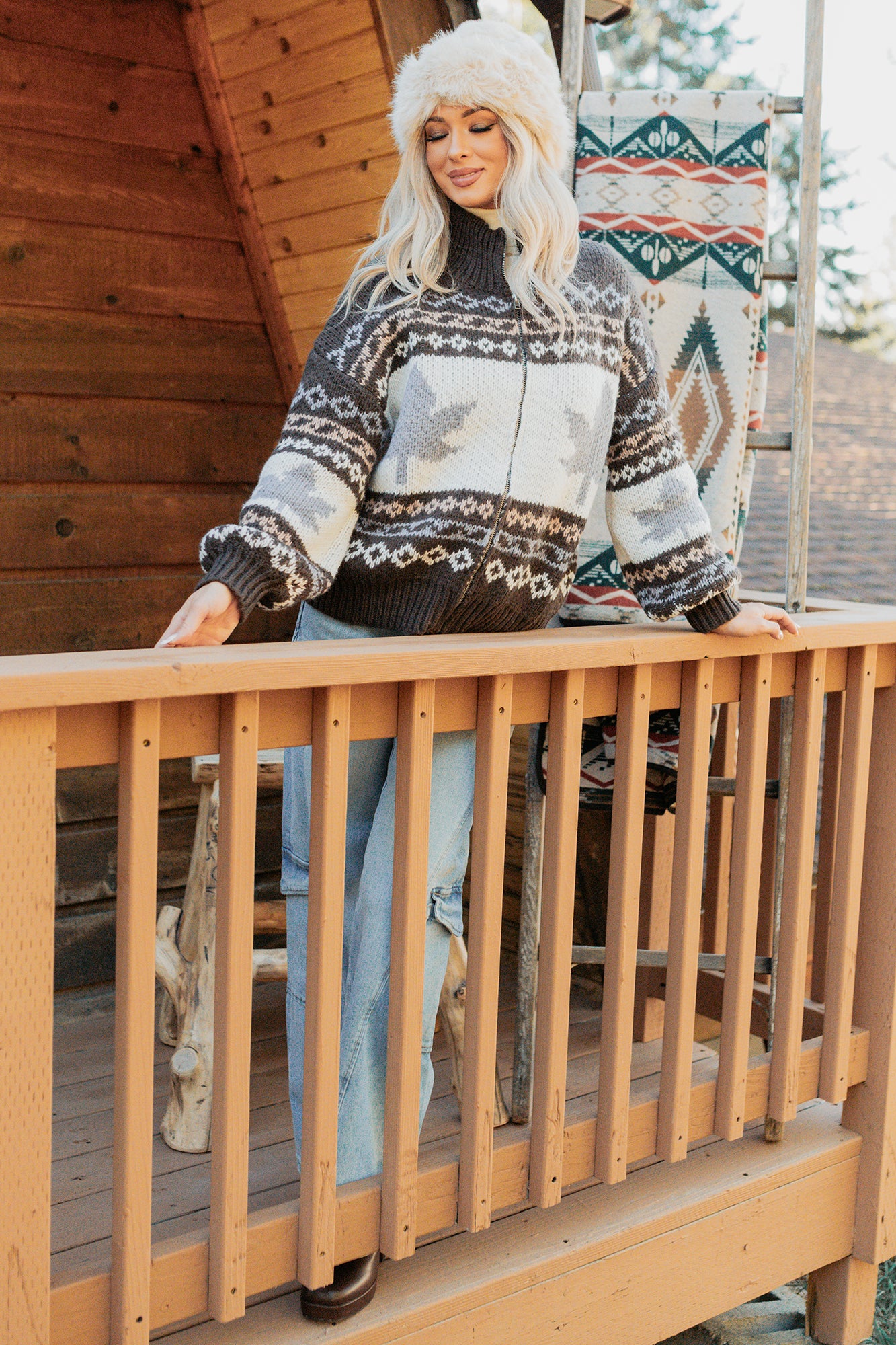 Just Resting Patterned Sweater Jacket (Brown/Multi) - NanaMacs