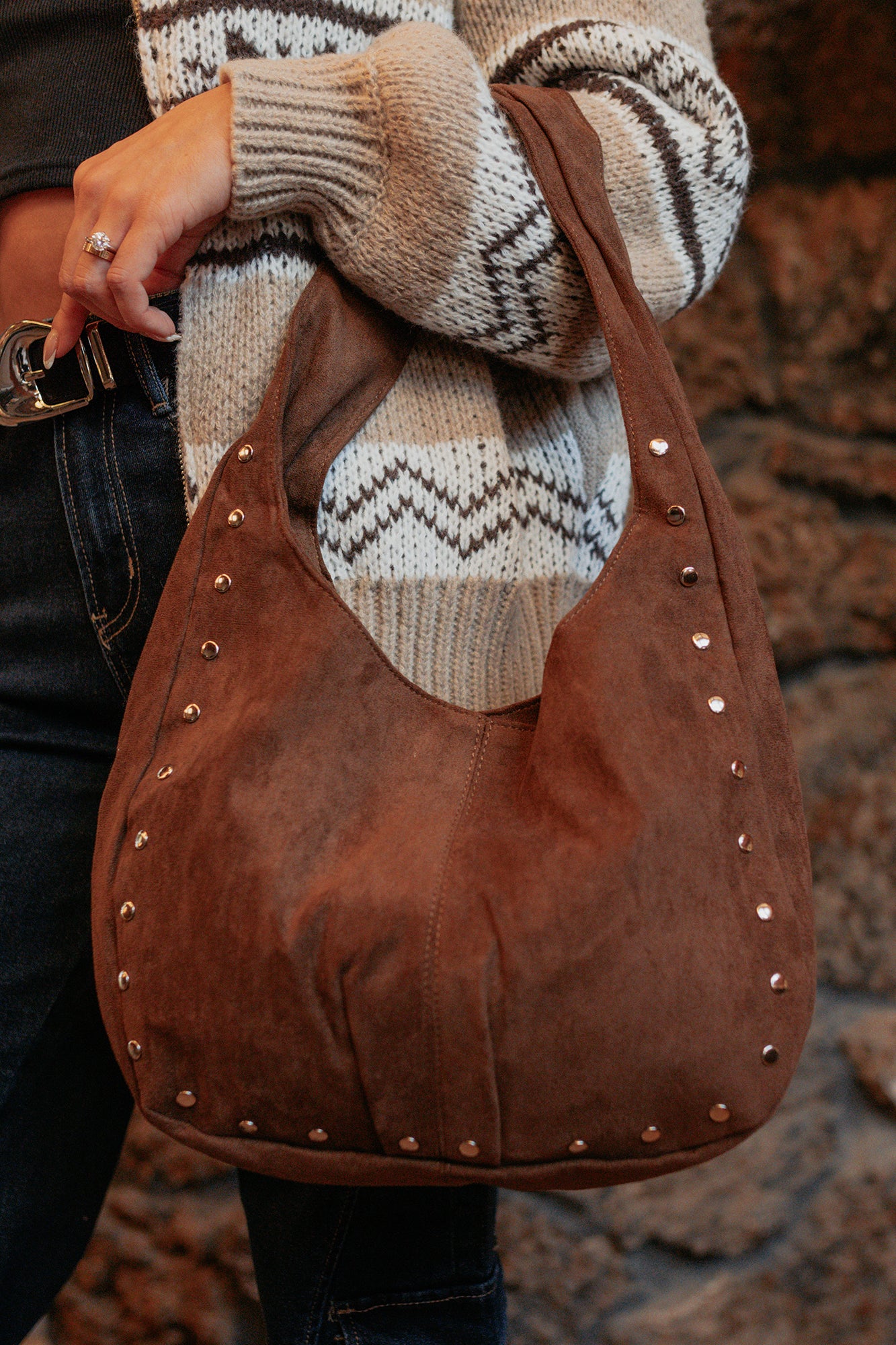 Chic Instinct Faux Suede Studded Handbag (Dark Brown) - NanaMacs