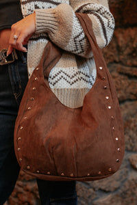 Chic Instinct Faux Suede Studded Handbag (Dark Brown) - NanaMacs