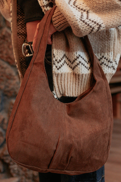 Chic Instinct Faux Suede Studded Handbag (Dark Brown) - NanaMacs