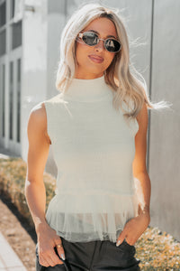 Girly Glow Mock Neck Tulle Hemline Knit Top (Ivory) - NanaMacs