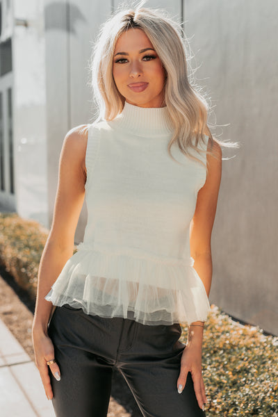 Girly Glow Mock Neck Tulle Hemline Knit Top (Ivory) - NanaMacs