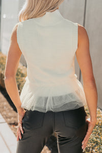 Girly Glow Mock Neck Tulle Hemline Knit Top (Ivory) - NanaMacs
