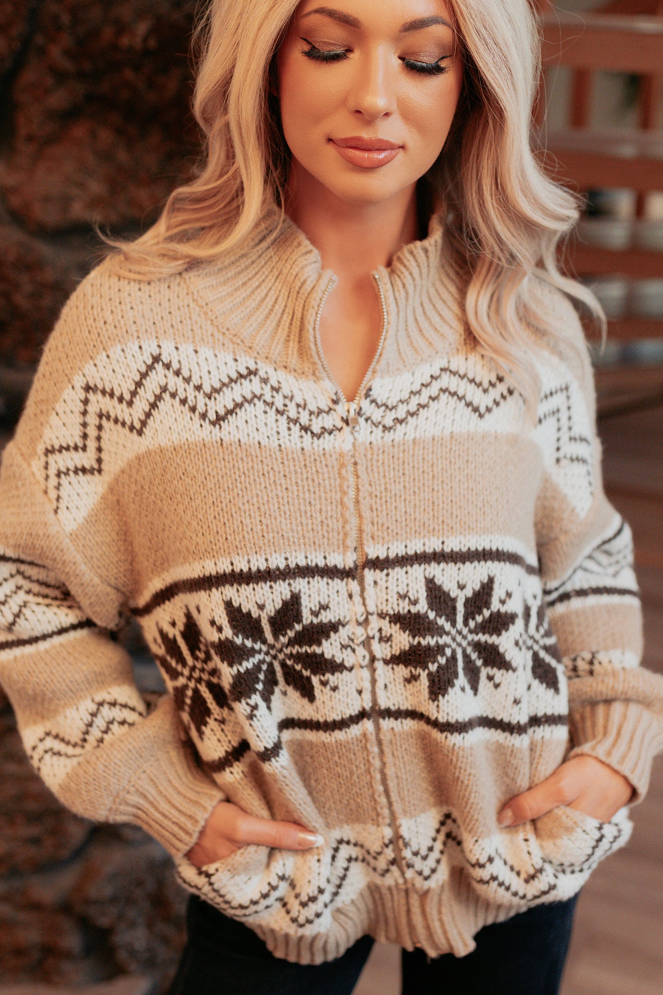 Easy Layers Cable Knit Fair Isle Jacket (Brown/White) - NanaMacs