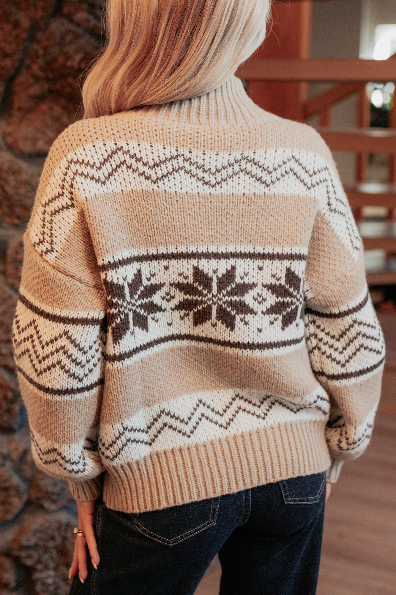 Easy Layers Cable Knit Fair Isle Jacket (Brown/White) - NanaMacs