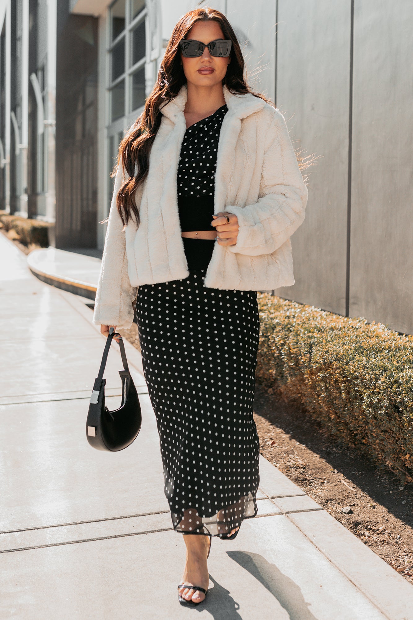 Heat Of It Polka-Dot One Shoulder Top Midi Skirt Set (Black/White) - NanaMacs