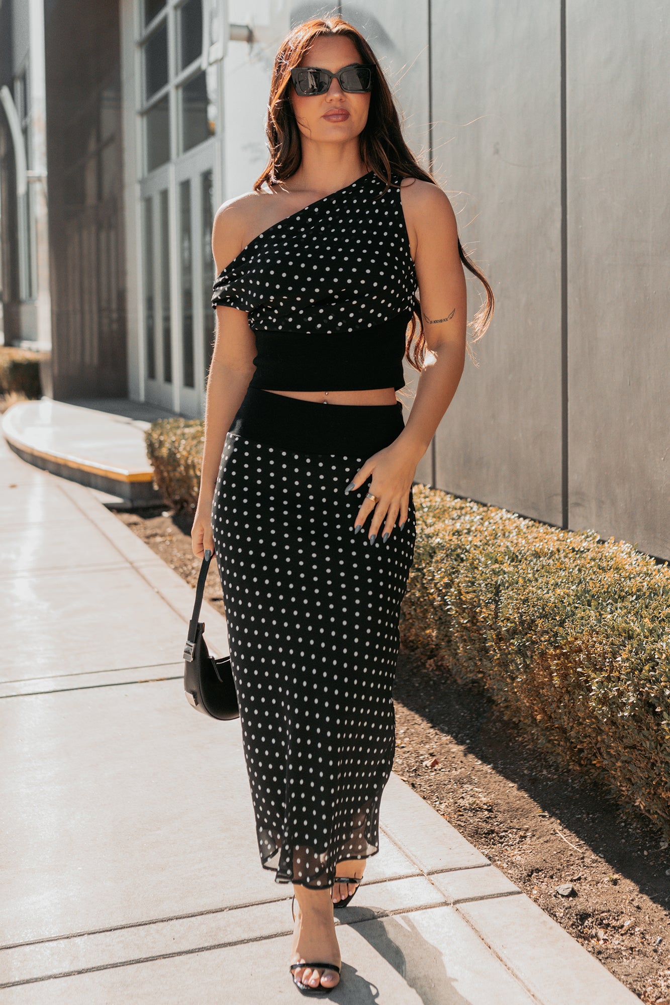 Heat Of It Polka-Dot One Shoulder Top Midi Skirt Set (Black/White) - NanaMacs