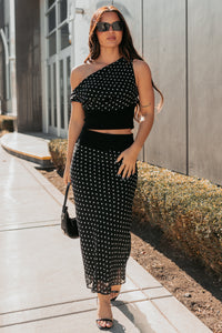 Heat Of It Polka-Dot One Shoulder Top Midi Skirt Set (Black/White) - NanaMacs