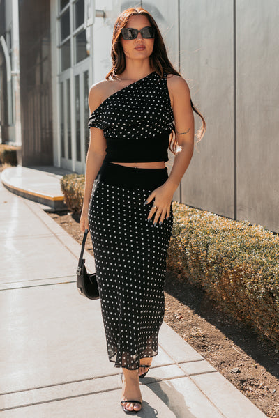 Heat Of It Polka-Dot One Shoulder Top Midi Skirt Set (Black/White) - NanaMacs