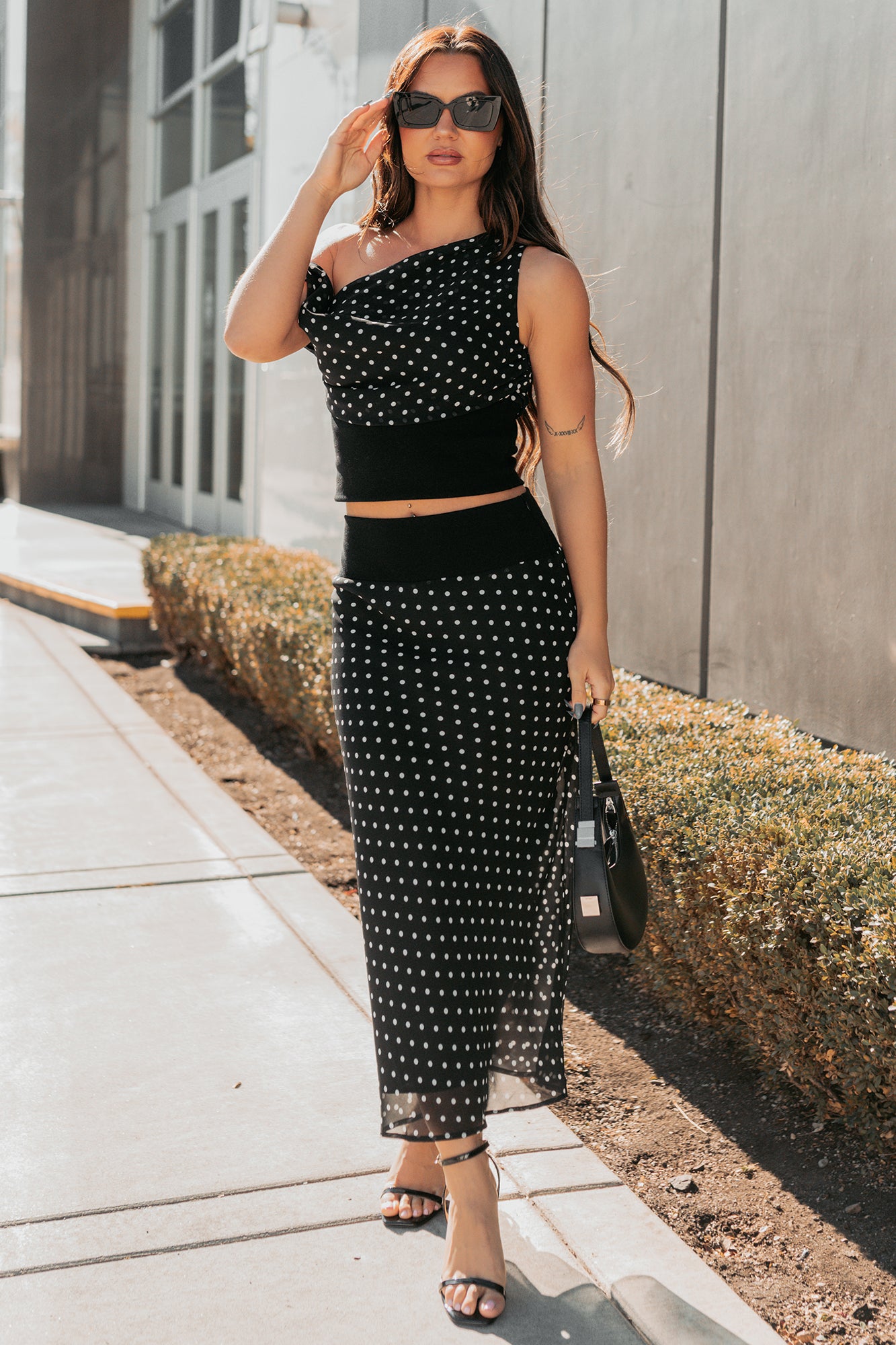 Heat Of It Polka-Dot One Shoulder Top Midi Skirt Set (Black/White) - NanaMacs