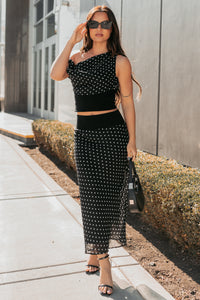 Heat Of It Polka-Dot One Shoulder Top Midi Skirt Set (Black/White) - NanaMacs