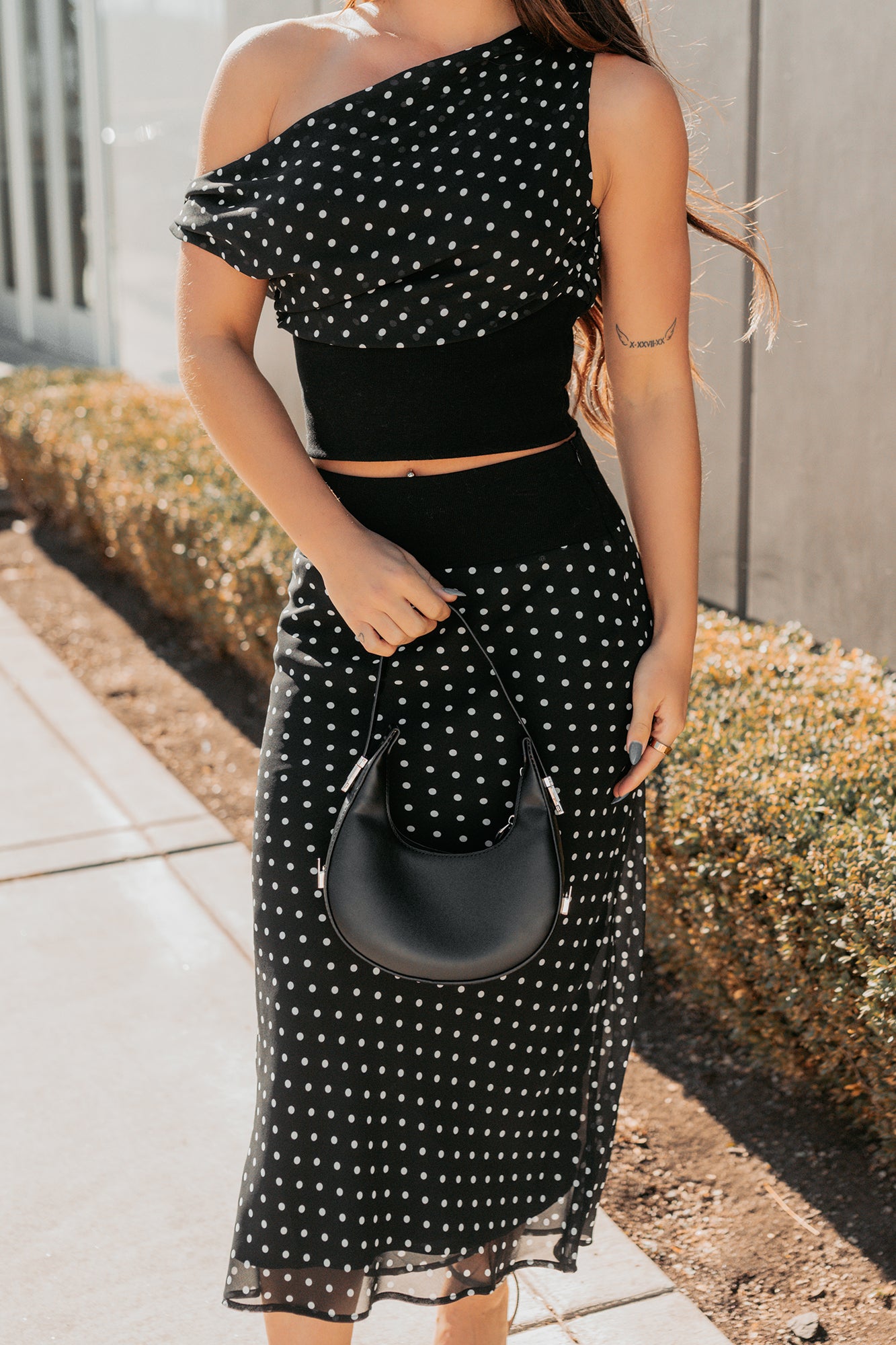Heat Of It Polka-Dot One Shoulder Top Midi Skirt Set (Black/White) - NanaMacs