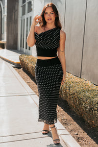 Heat Of It Polka-Dot One Shoulder Top Midi Skirt Set (Black/White) - NanaMacs