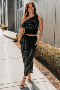 Heat Of It Polka-Dot One Shoulder Top Midi Skirt Set (Black/White) - NanaMacs