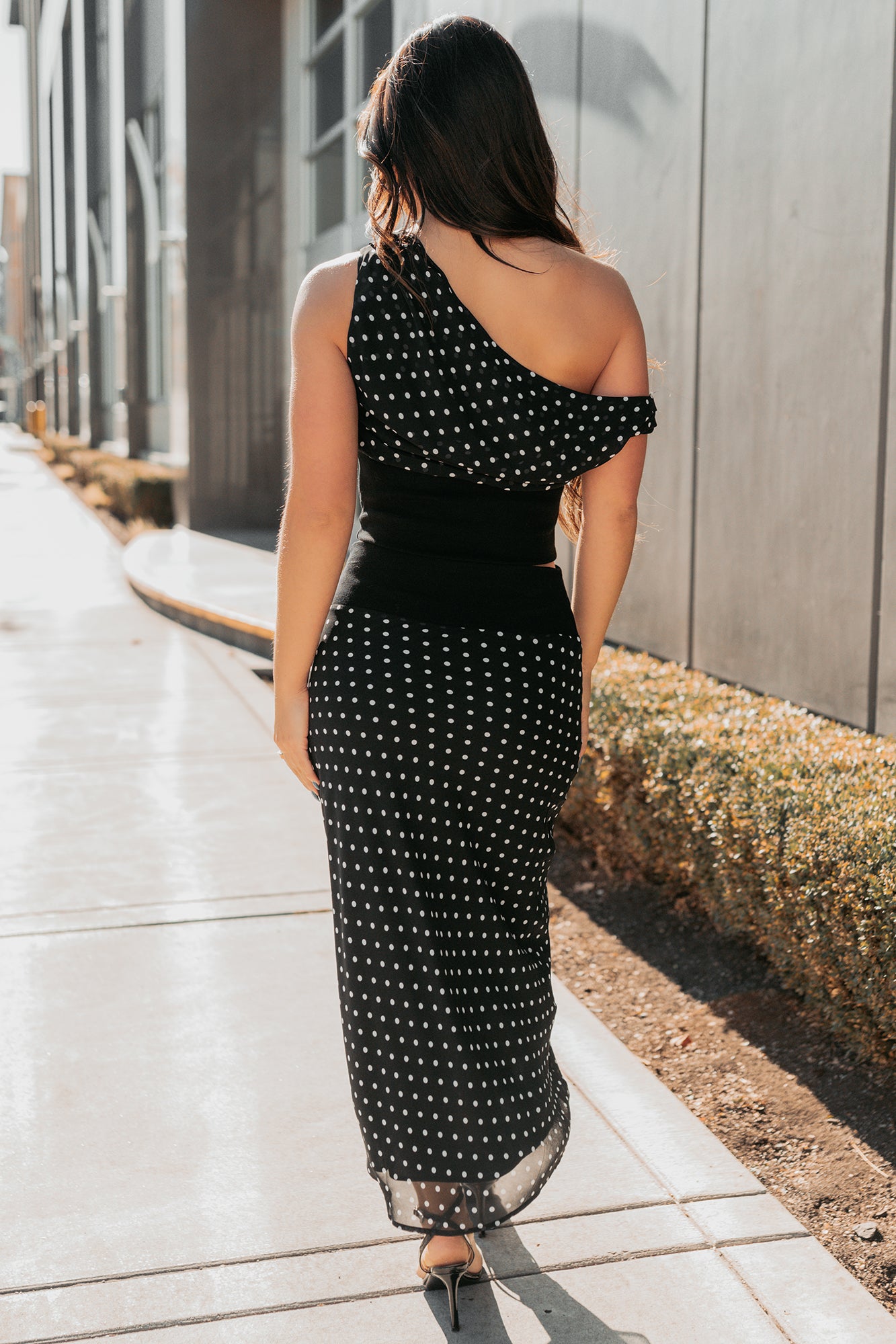 Heat Of It Polka-Dot One Shoulder Top Midi Skirt Set (Black/White) - NanaMacs