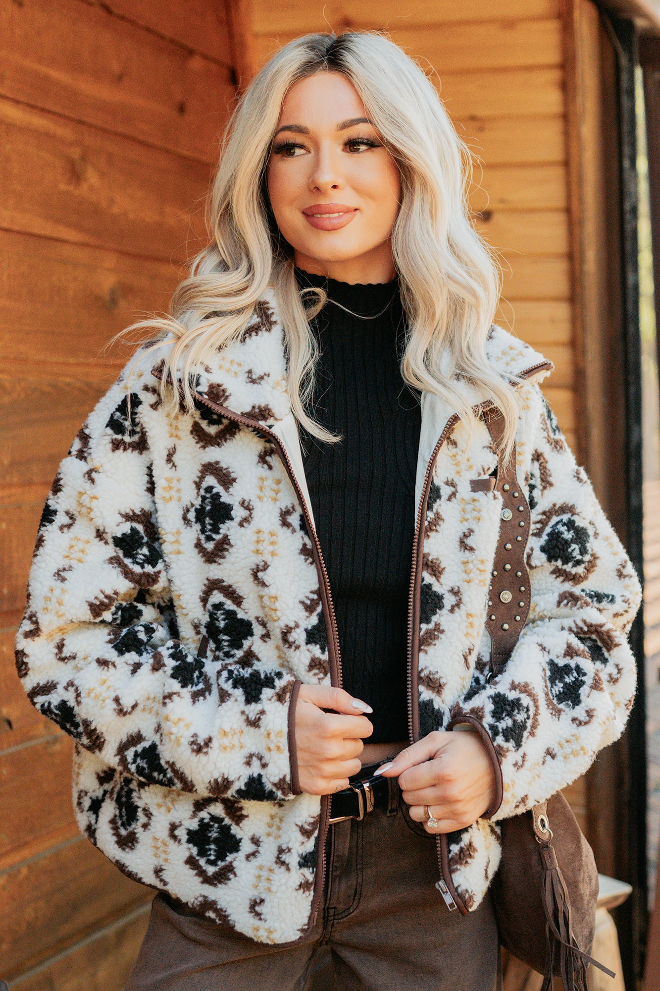 Winter Muse Geometric Print Sherpa Jacket (Cream) - NanaMacs