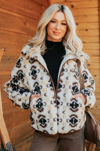 Winter Muse Geometric Print Sherpa Jacket (Cream) - NanaMacs