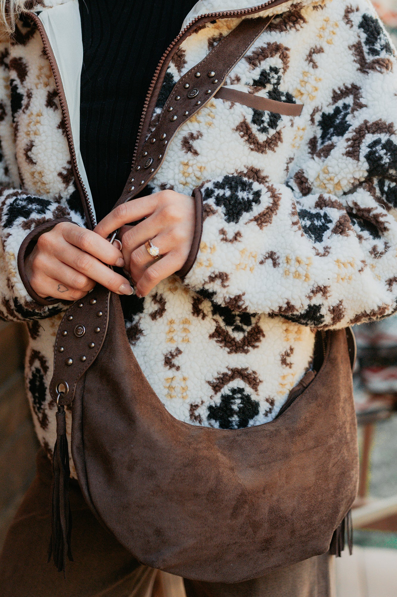 Fierce Glow Faux Suede Buckle Strap Tassel Bag (Dark Brown) - NanaMacs