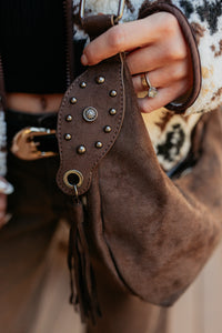 Fierce Glow Faux Suede Buckle Strap Tassel Bag (Dark Brown) - NanaMacs