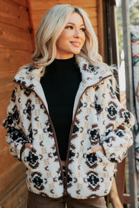 Winter Muse Geometric Print Sherpa Jacket (Cream) - NanaMacs