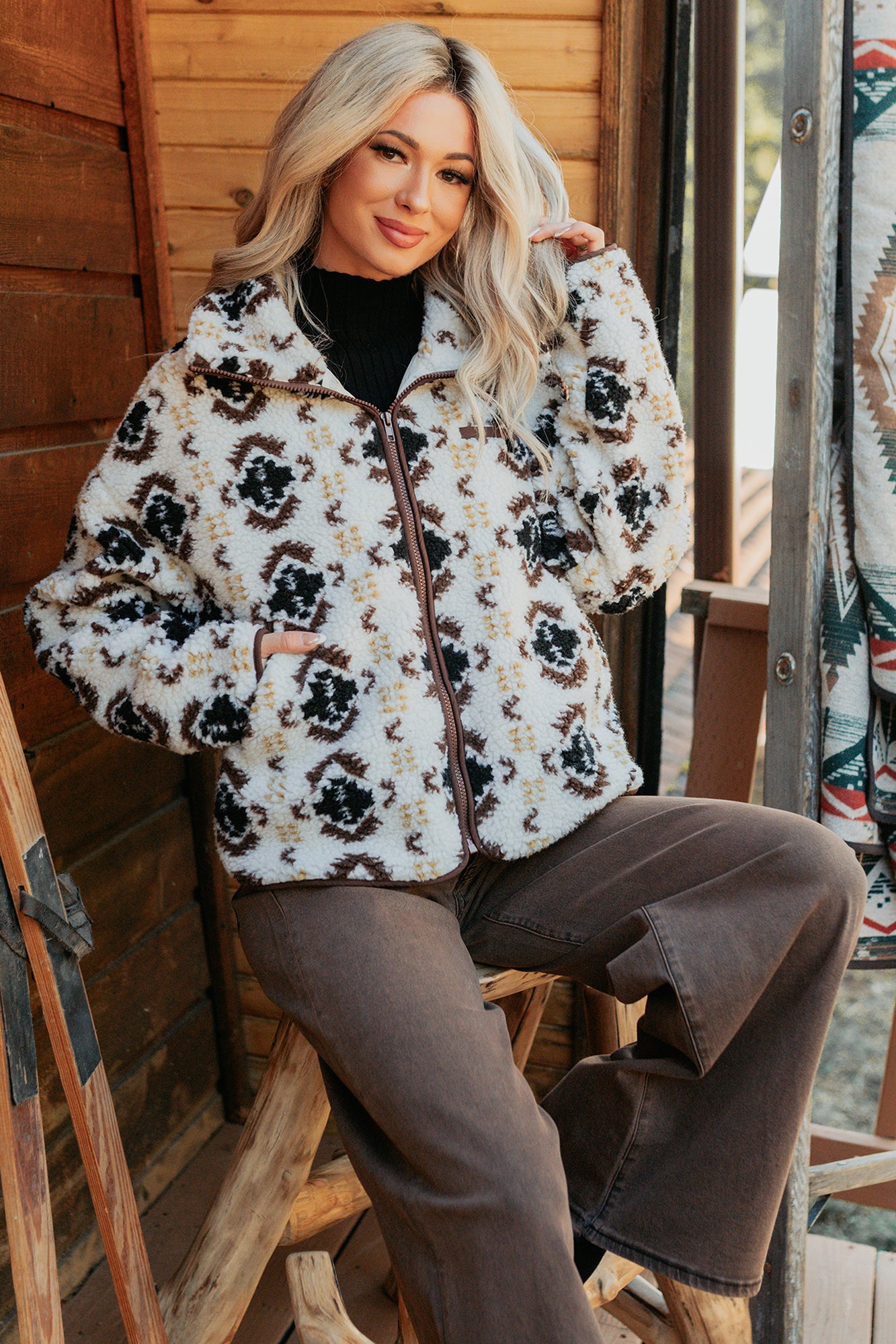 Winter Muse Geometric Print Sherpa Jacket (Cream) - NanaMacs