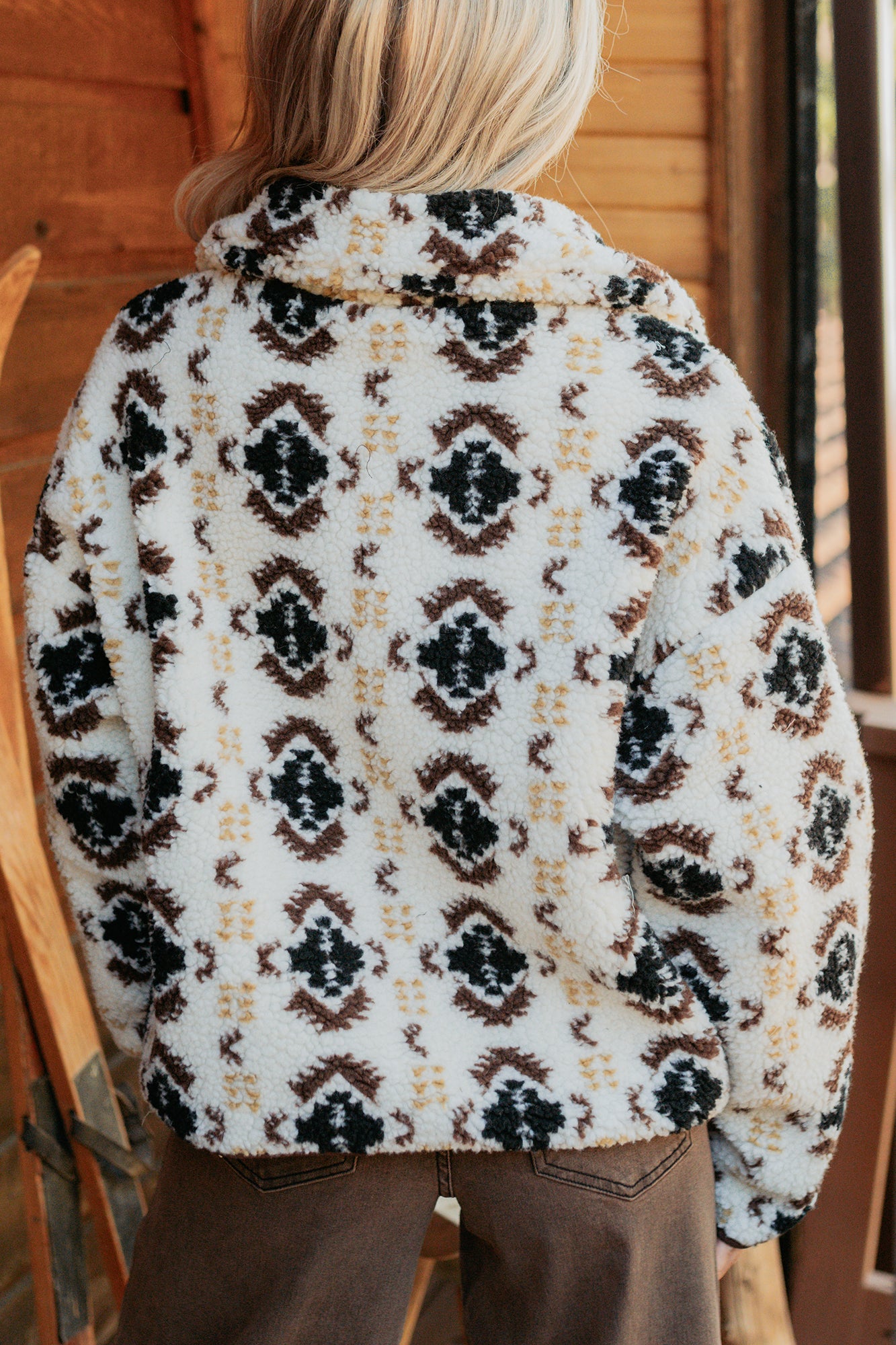 Winter Muse Geometric Print Sherpa Jacket (Cream) - NanaMacs