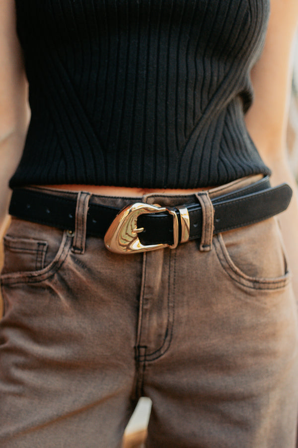 Stay Easy Ornate Buckle Faux Leather Belt (Gold/Black) - NanaMacs