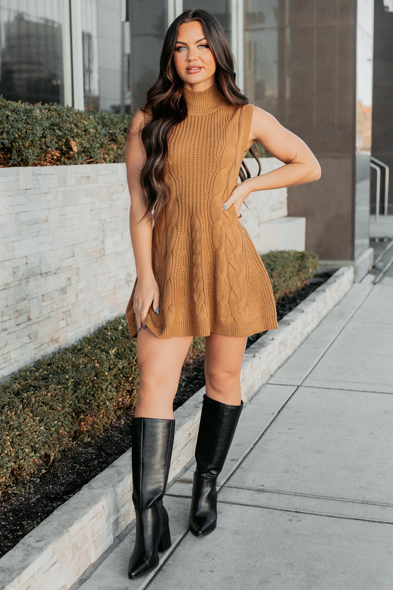 If You Stay Sleeveless Cable Knit Mini Dress (Mocha Mousse) - NanaMacs