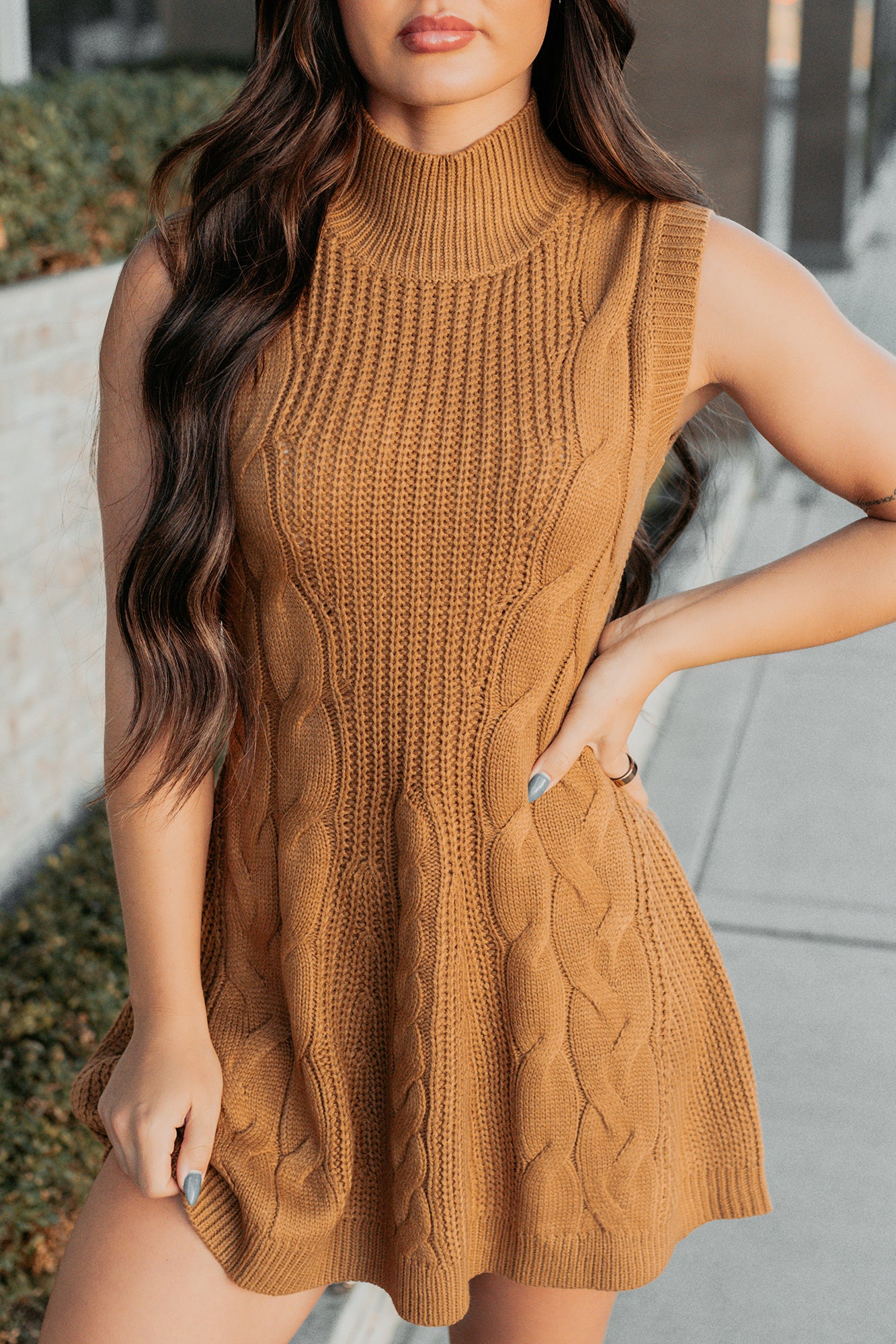 If You Stay Sleeveless Cable Knit Mini Dress (Mocha Mousse) - NanaMacs