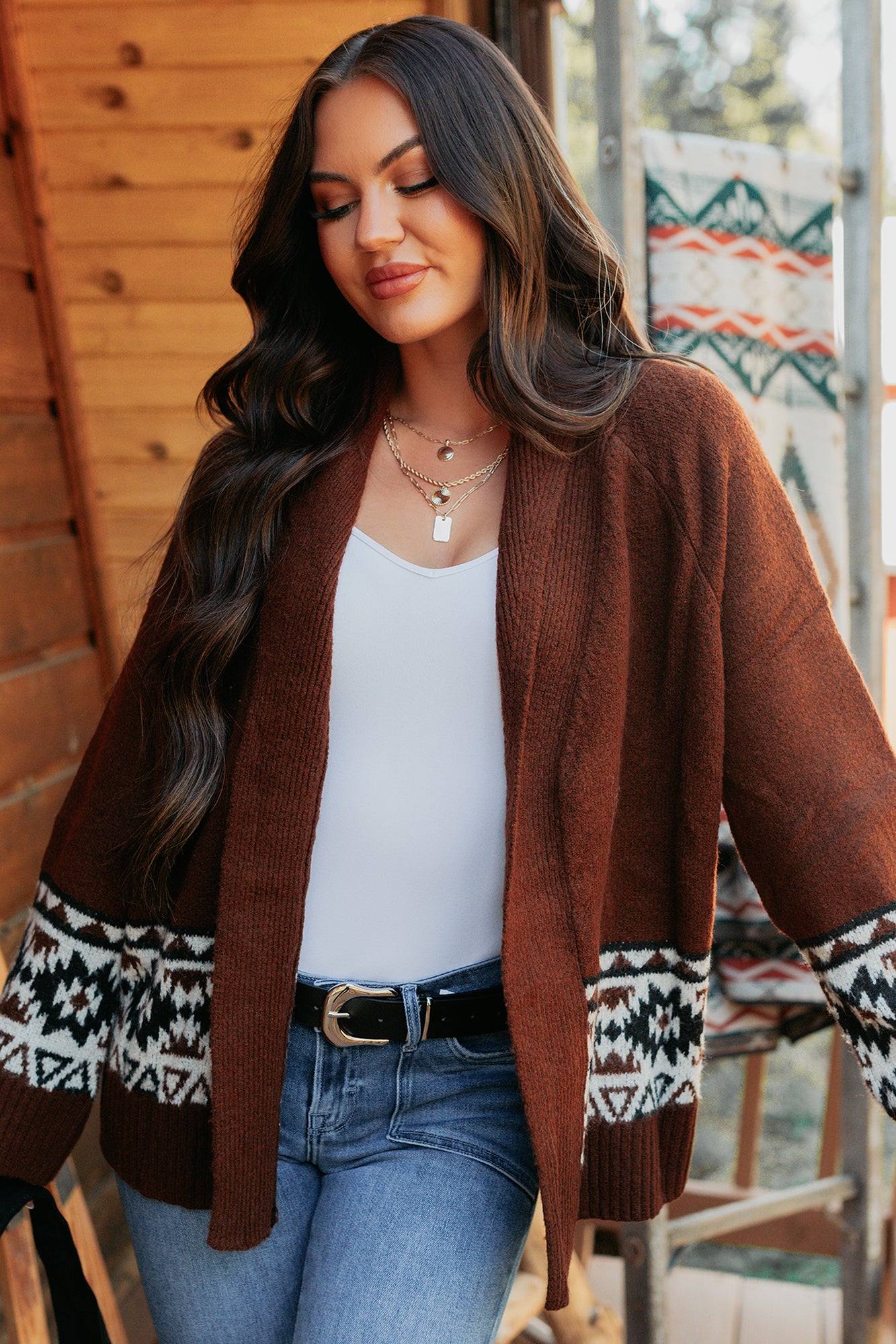 As It Goes Long Sleeve Aztec Cardigan (Dark Brown) - NanaMacs