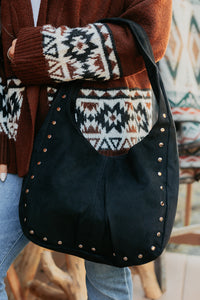 Chic Instinct Faux Suede Studded Handbag (Black) - NanaMacs