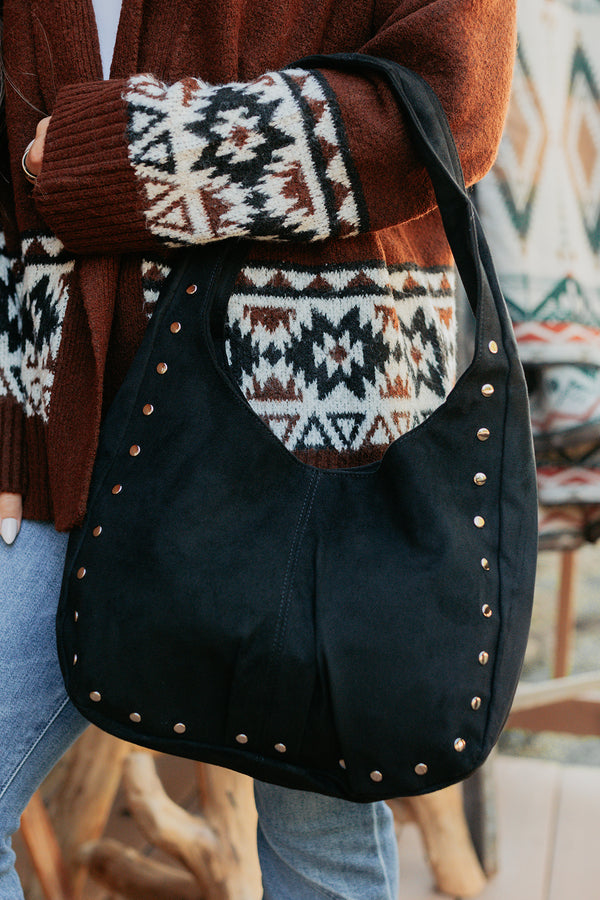 Chic Instinct Faux Suede Studded Handbag (Black) - NanaMacs