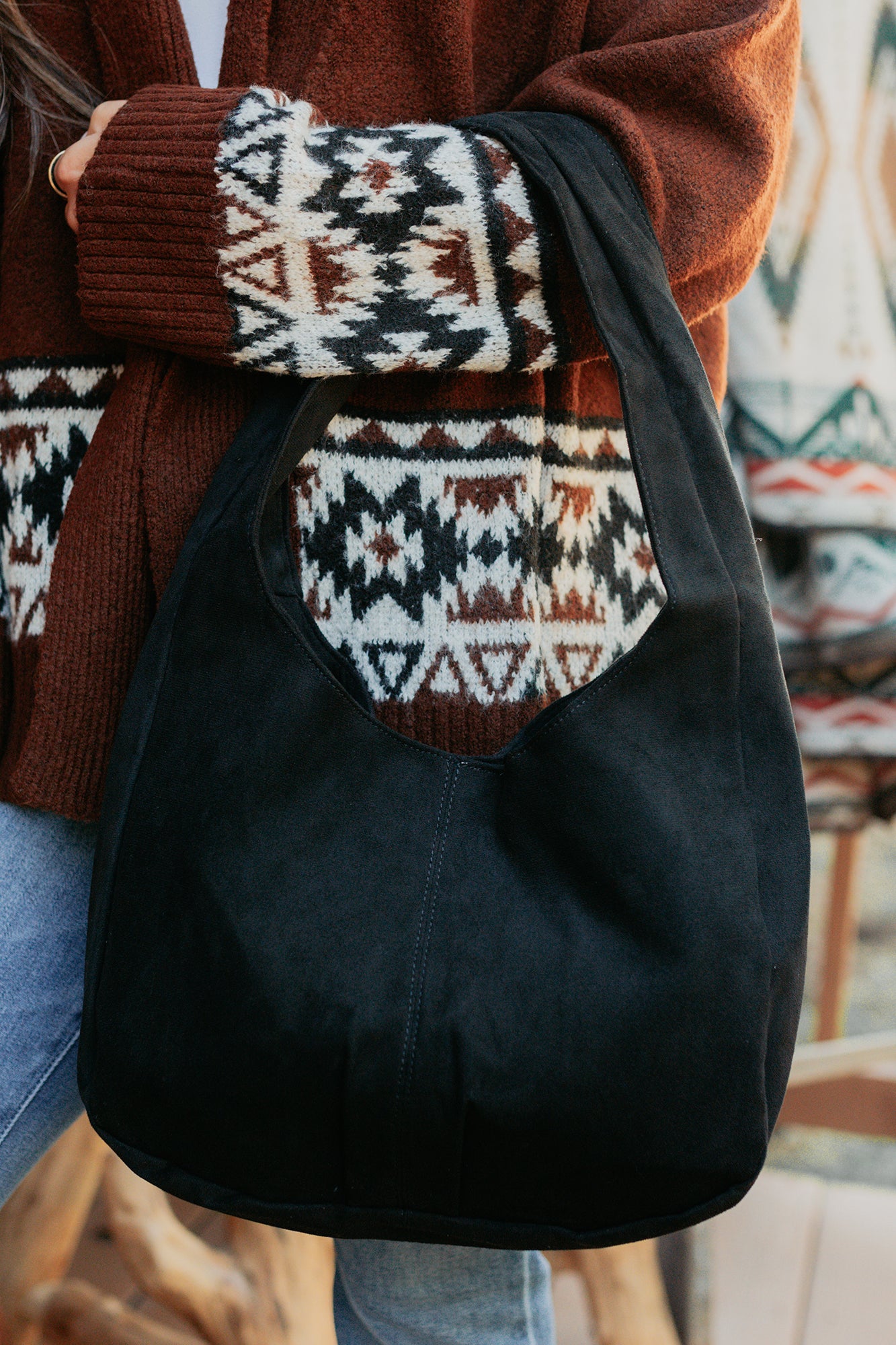 Chic Instinct Faux Suede Studded Handbag (Black) - NanaMacs