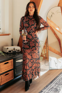 Blush Babe Long Sleeve Floral Mesh Maxi Dress (Charcoal) - NanaMacs