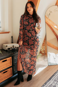 Blush Babe Long Sleeve Floral Mesh Maxi Dress (Charcoal) - NanaMacs