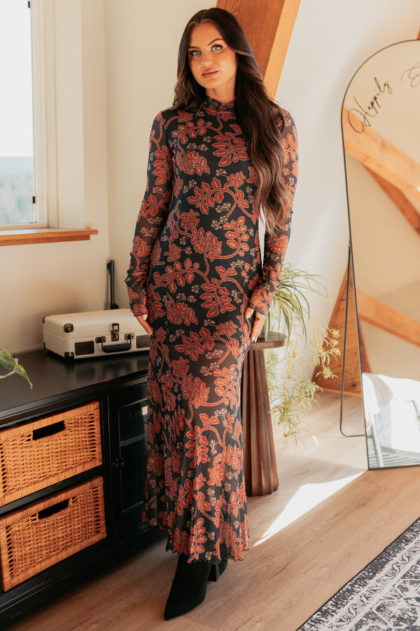 Blush Babe Long Sleeve Floral Mesh Maxi Dress (Charcoal) - NanaMacs