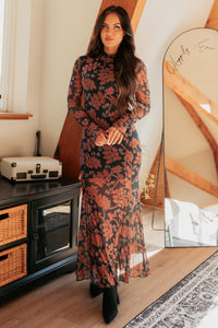 Blush Babe Long Sleeve Floral Mesh Maxi Dress (Charcoal) - NanaMacs