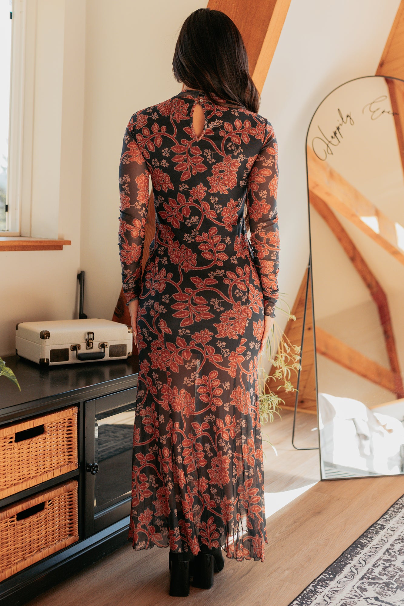 Blush Babe Long Sleeve Floral Mesh Maxi Dress (Charcoal) - NanaMacs