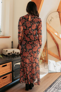 Blush Babe Long Sleeve Floral Mesh Maxi Dress (Charcoal) - NanaMacs