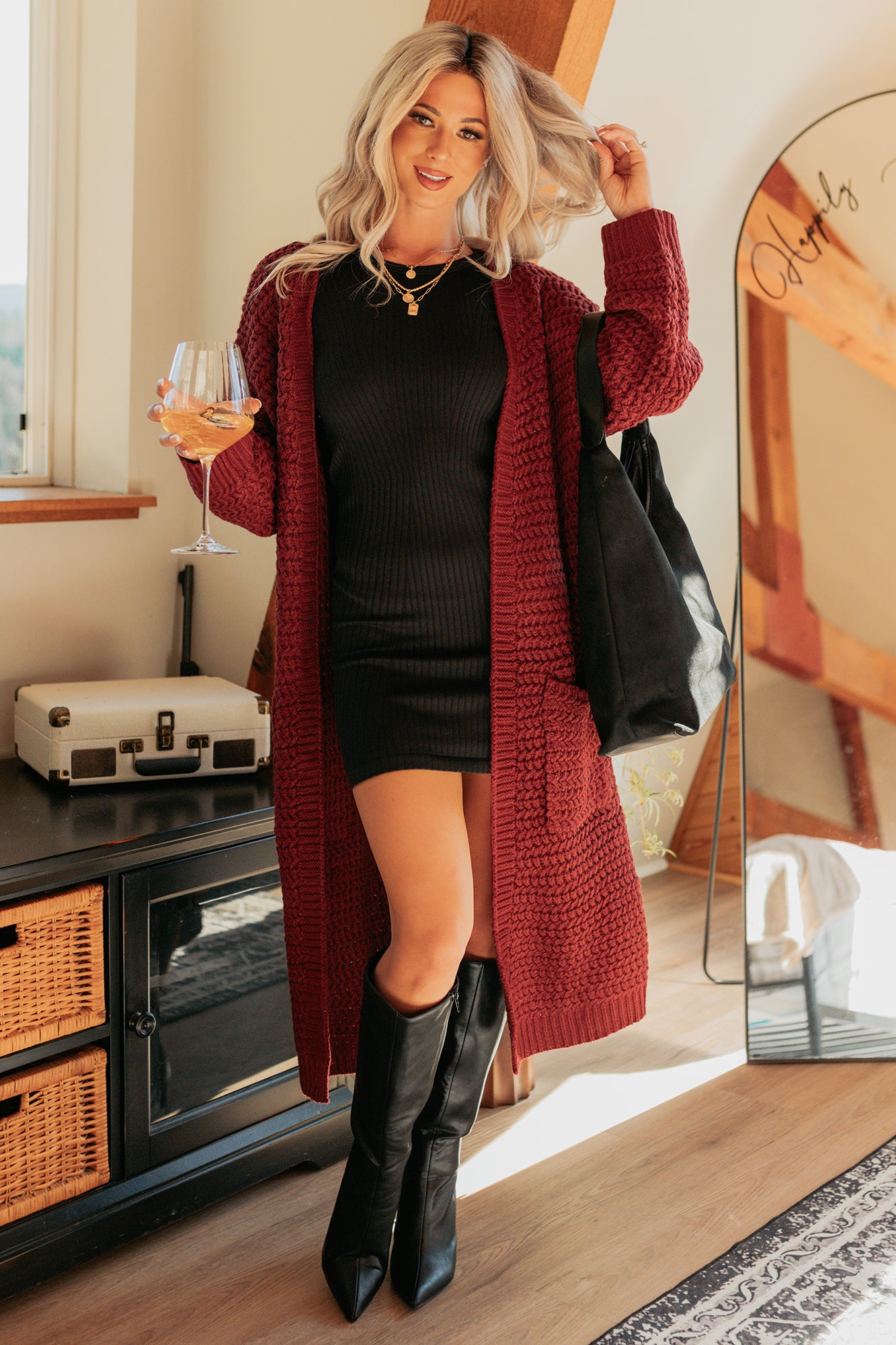 Still Dreaming Cable Knit Long Cardigan (Bordeaux) - NanaMacs