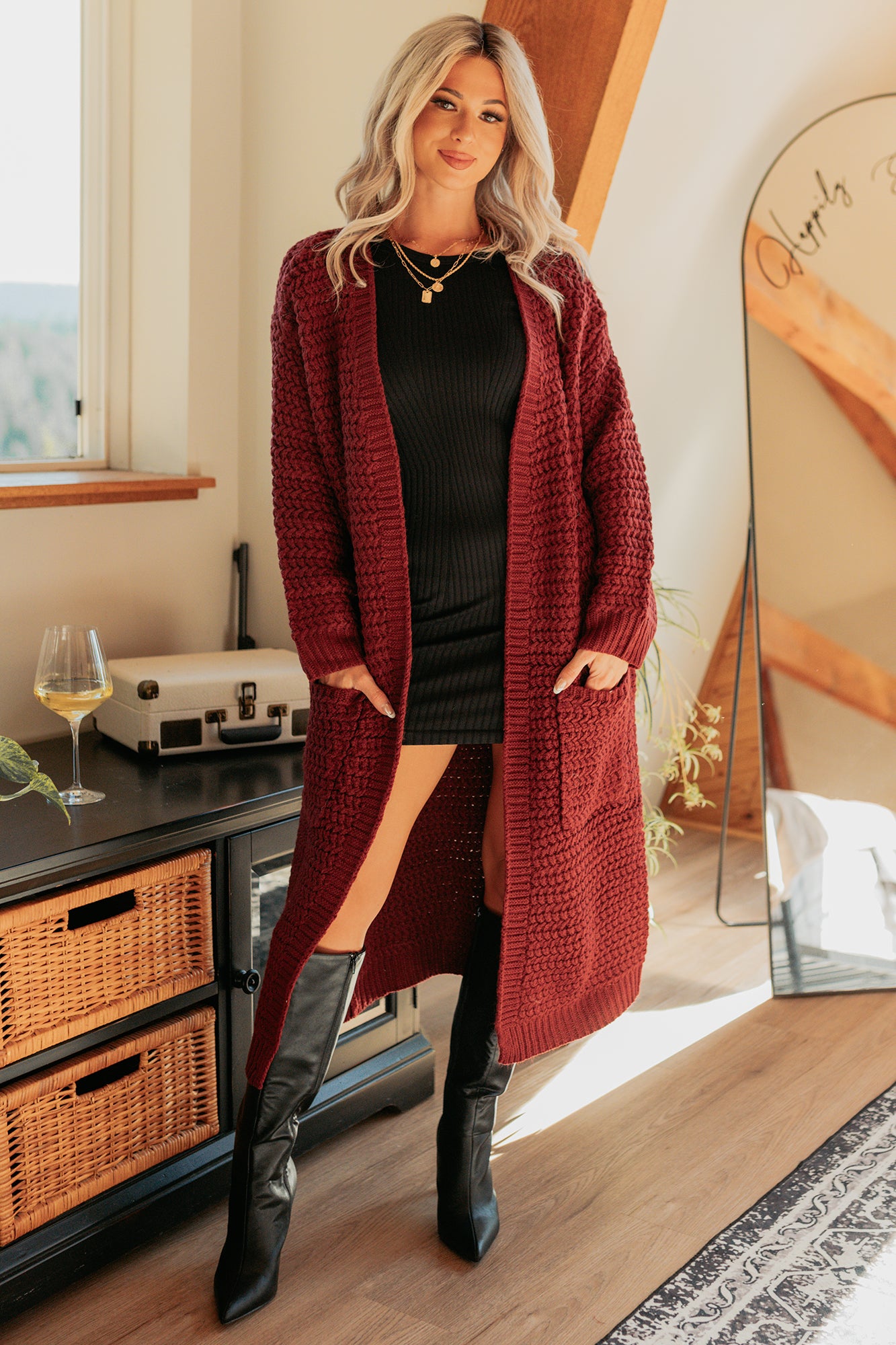 Still Dreaming Cable Knit Long Cardigan (Bordeaux) - NanaMacs